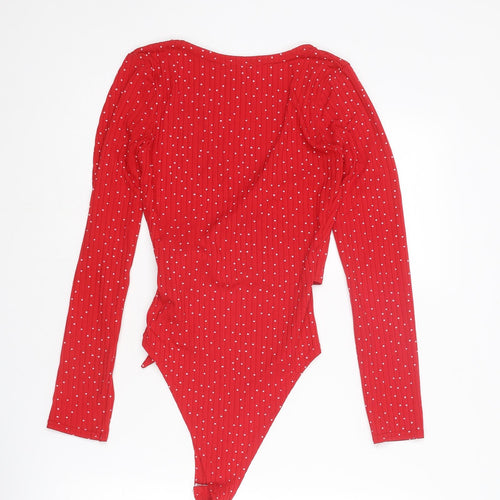 Boohoo Womens Red Polka Dot Polyester Bodysuit One-Piece Size 8 Tie