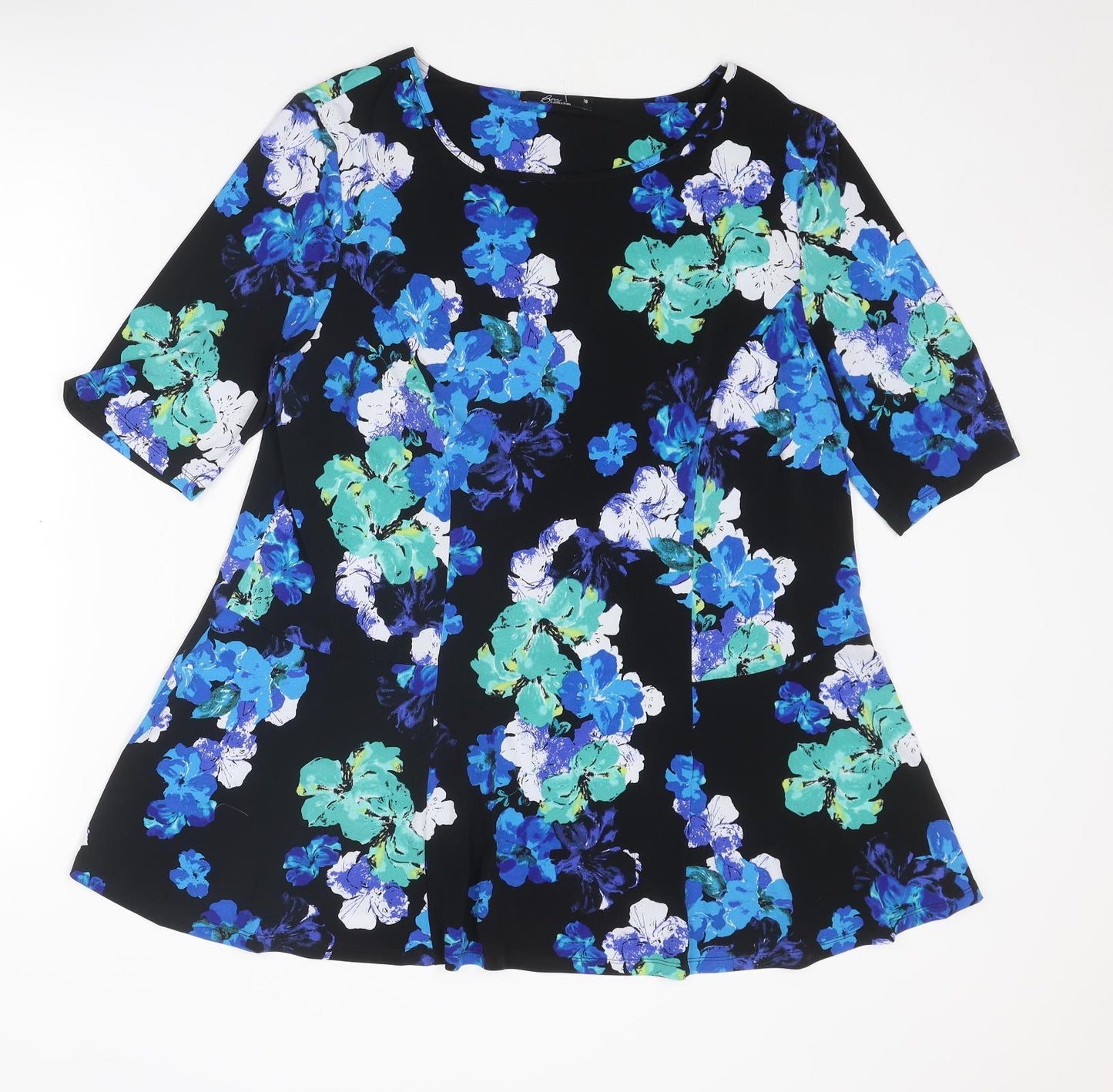 Bonmarché Womens Blue Floral Polyester Basic Blouse Size 18 Boat Neck