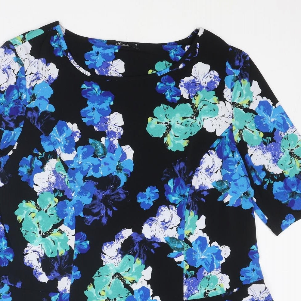 Bonmarché Womens Blue Floral Polyester Basic Blouse Size 18 Boat Neck