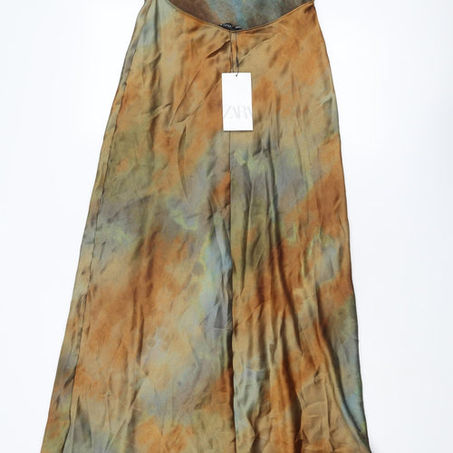 Zara Womens Brown Geometric Polyester Slip Dress Size S V-Neck Pullover - Open Back