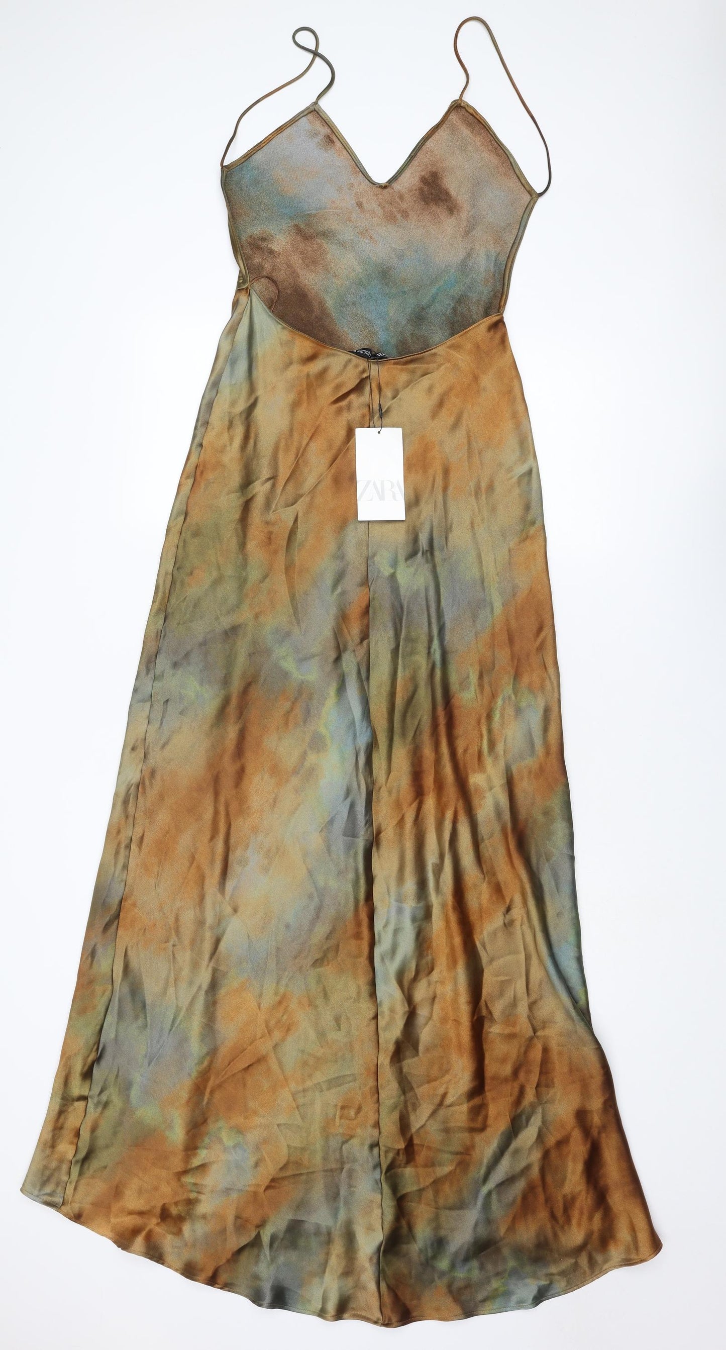 Zara Womens Brown Geometric Polyester Slip Dress Size S V-Neck Pullover - Open Back