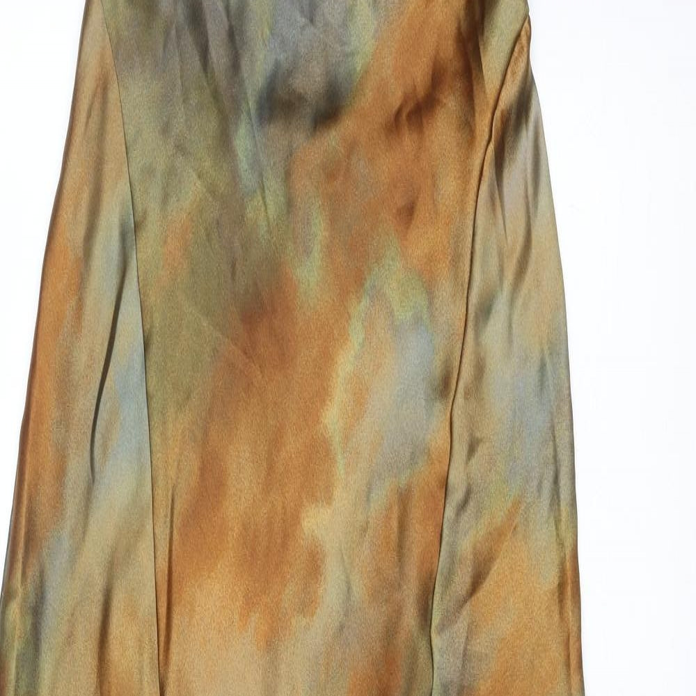 Zara Womens Brown Geometric Polyester Slip Dress Size S V-Neck Pullover - Open Back