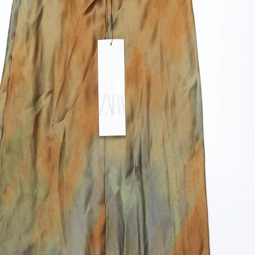 Zara Womens Brown Geometric Polyester Slip Dress Size S V-Neck Pullover - Open Back