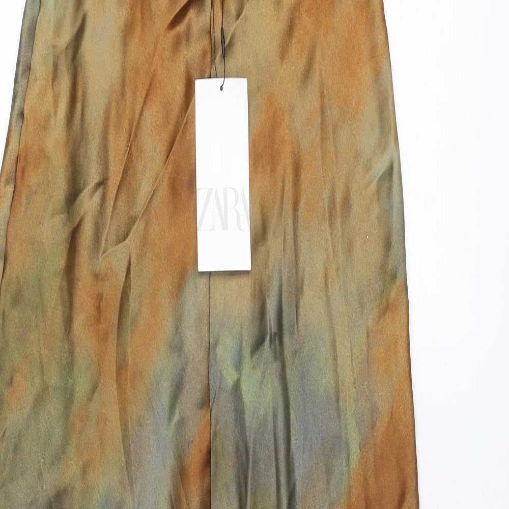 Zara Womens Brown Geometric Polyester Slip Dress Size S V-Neck Pullover - Open Back