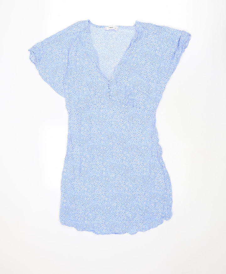 Mango Womens Blue Geometric Viscose Mini Size M V-Neck Pullover