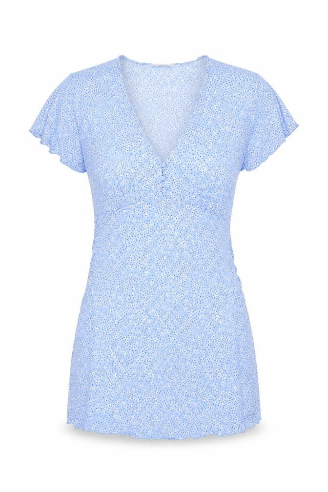 Mango Womens Blue Geometric Viscose Mini Size M V-Neck Pullover