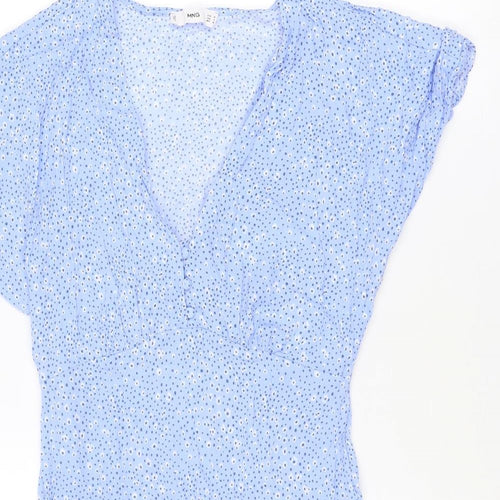 Mango Womens Blue Geometric Viscose Mini Size M V-Neck Pullover