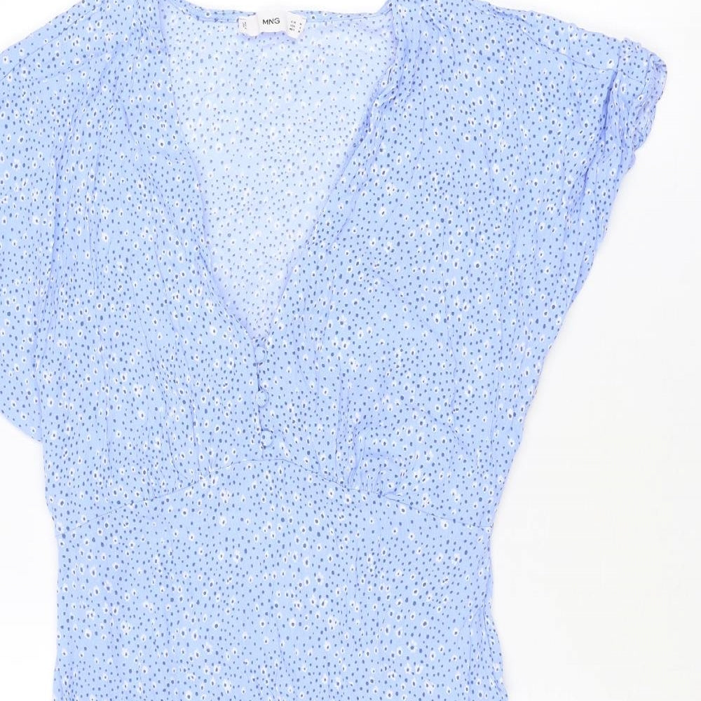 Mango Womens Blue Geometric Viscose Mini Size M V-Neck Pullover