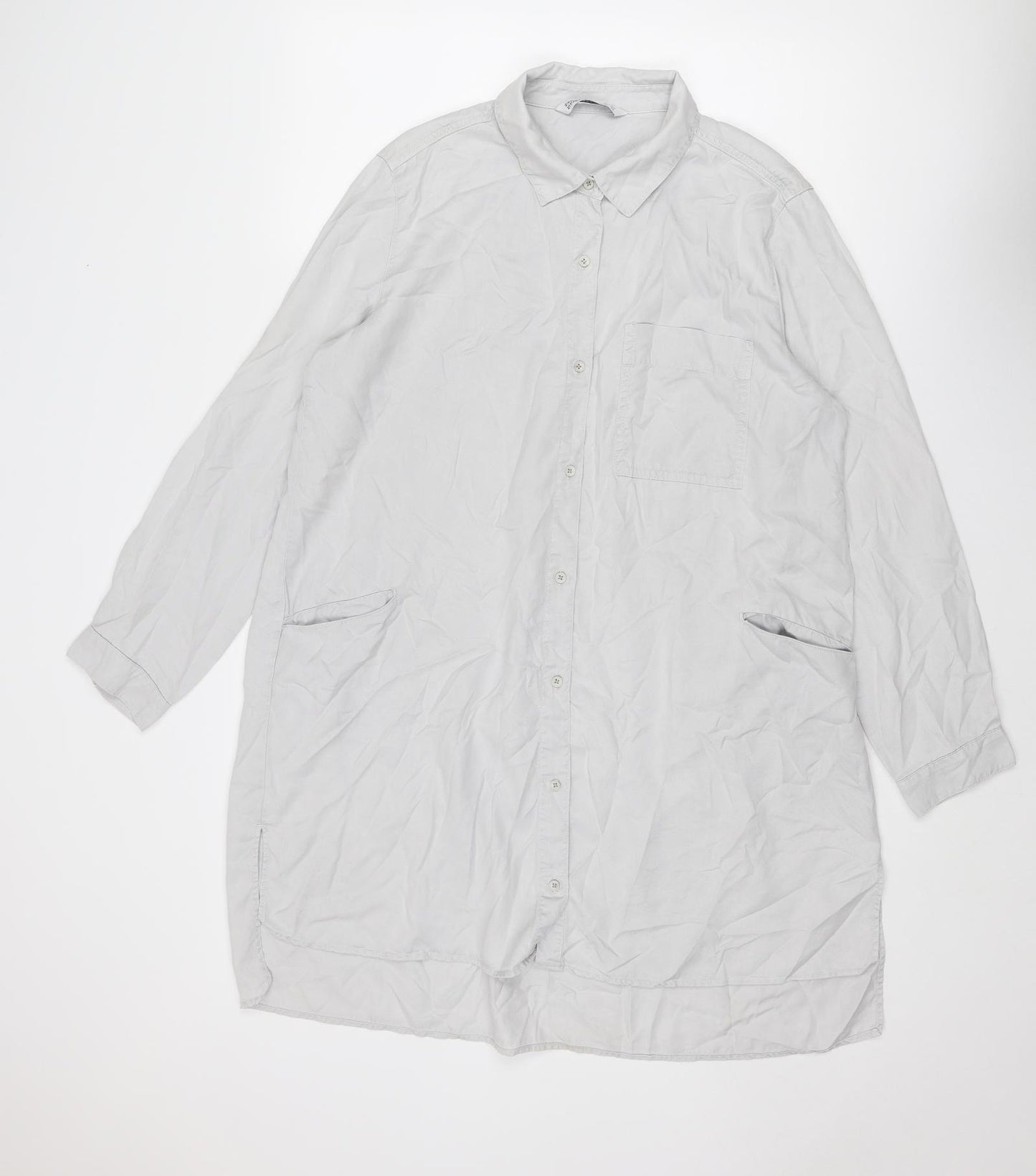 Zara Womens Grey Lyocell Shirt Dress Size XL Collared Button