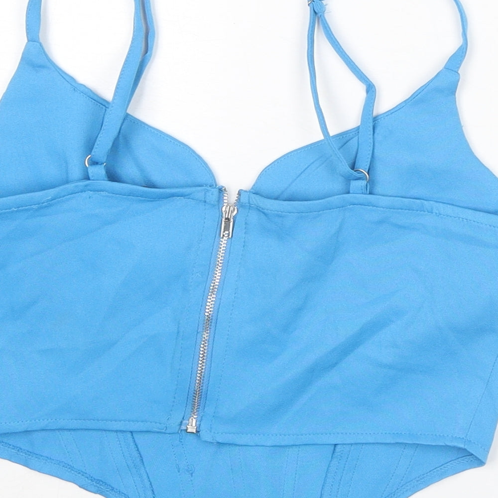 PRETTYLITTLETHING Womens Blue Polyester Cropped Tank Size 8 V-Neck