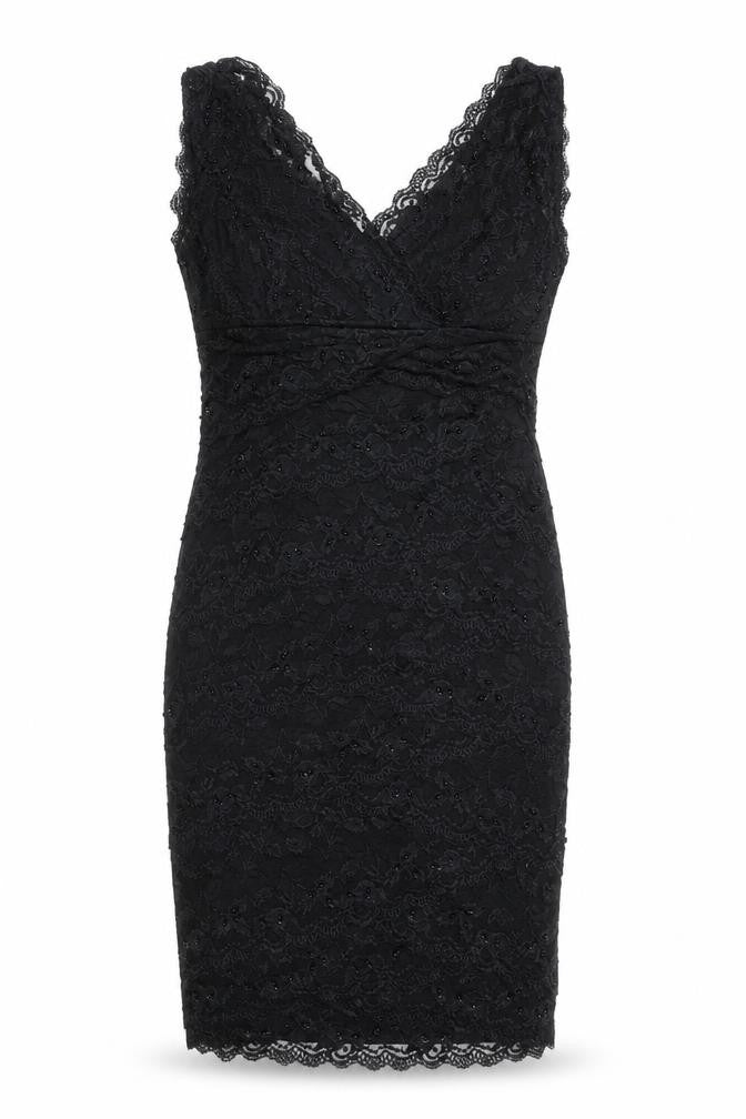 Front view of Marina women’s black geometric nylon shift, size UK 8, v-neck pullover
