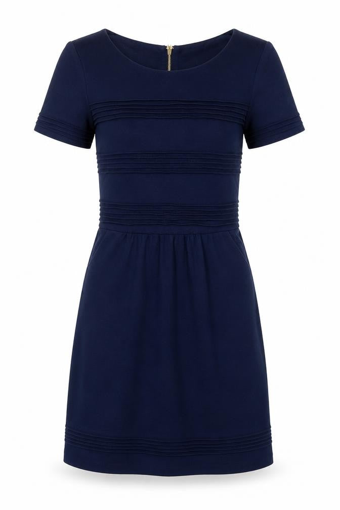 Front view of Uttam Boutique women’s blue polyester a-line, size UK 8, round neck zip