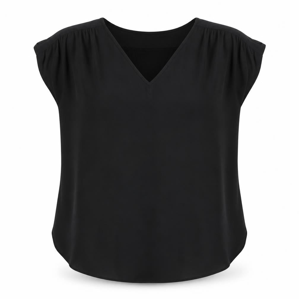 Front view of LOFT women’s black viscose basic blouse, size L, boat neck