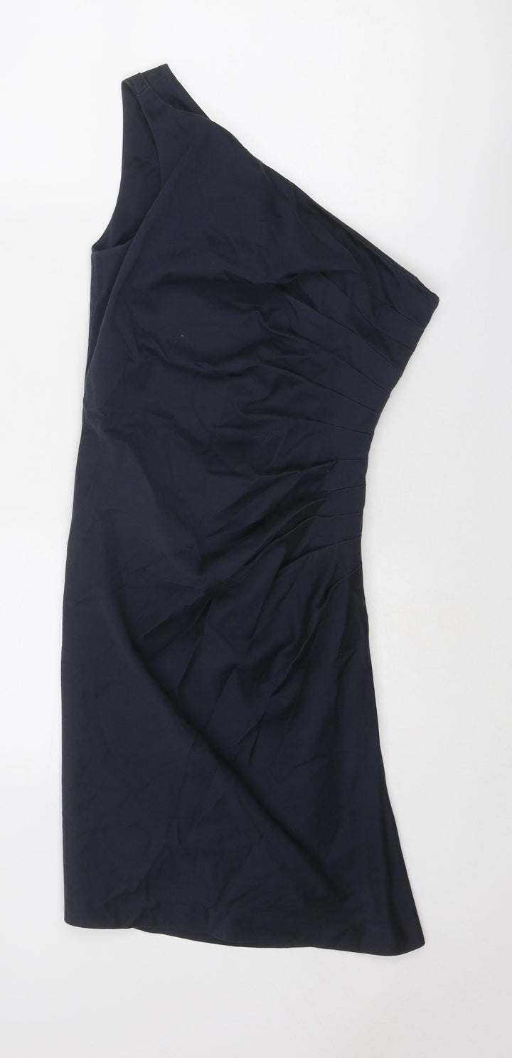Warehouse Womens Blue Cotton Pencil Dress Size 10 Off the Shoulder Zip