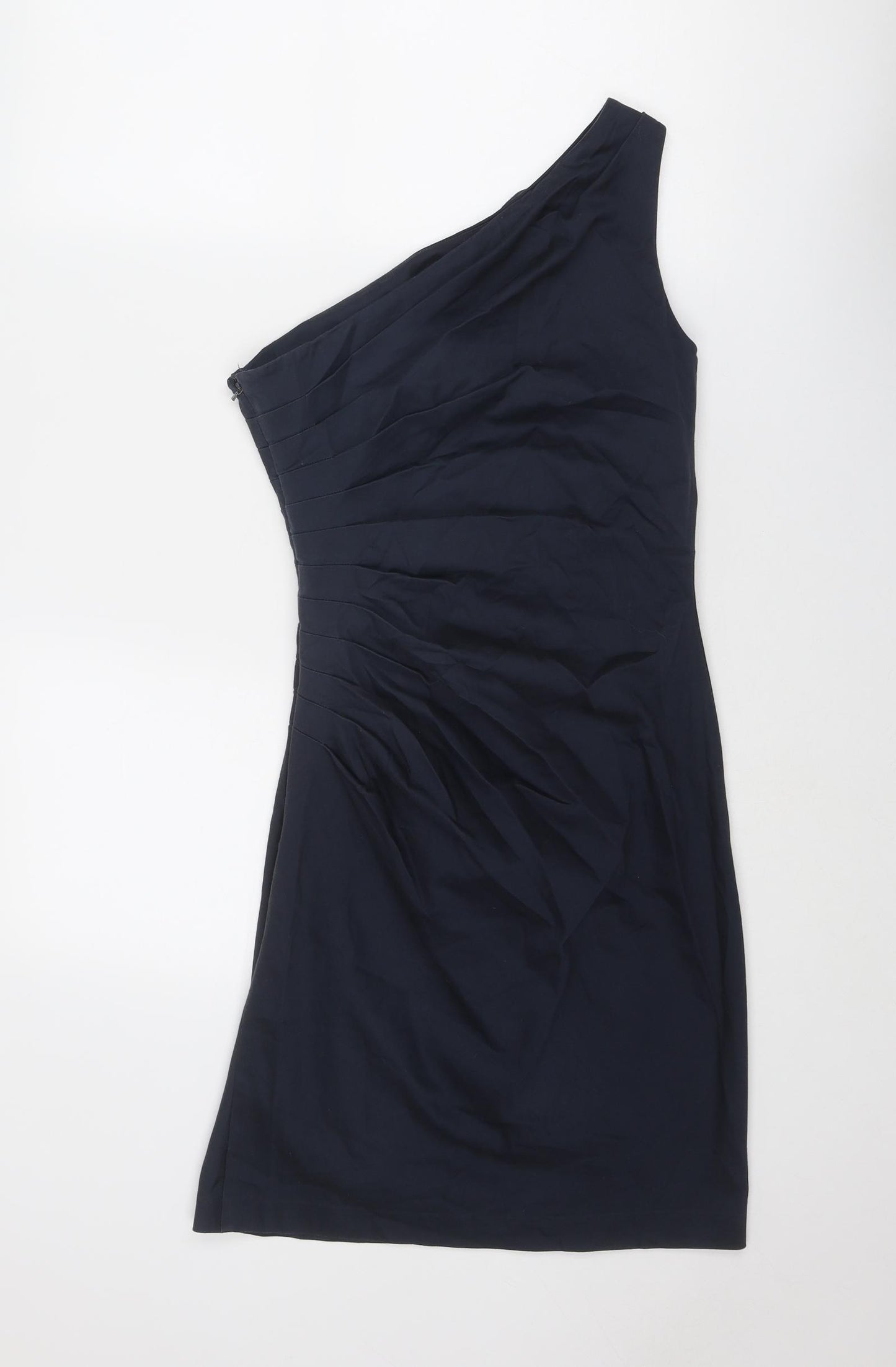 Warehouse Womens Blue Cotton Pencil Dress Size 10 Off the Shoulder Zip