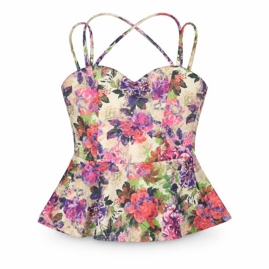 Front view of ASOS women’s multicoloured floral polyester camisole tank, size UK 4, sweetheart - peplum
