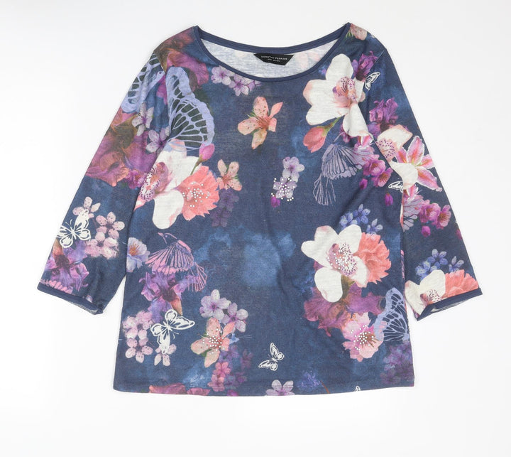 Dorothy Perkins Womens Blue Floral Polyester Basic Blouse Size 14 Boat Neck