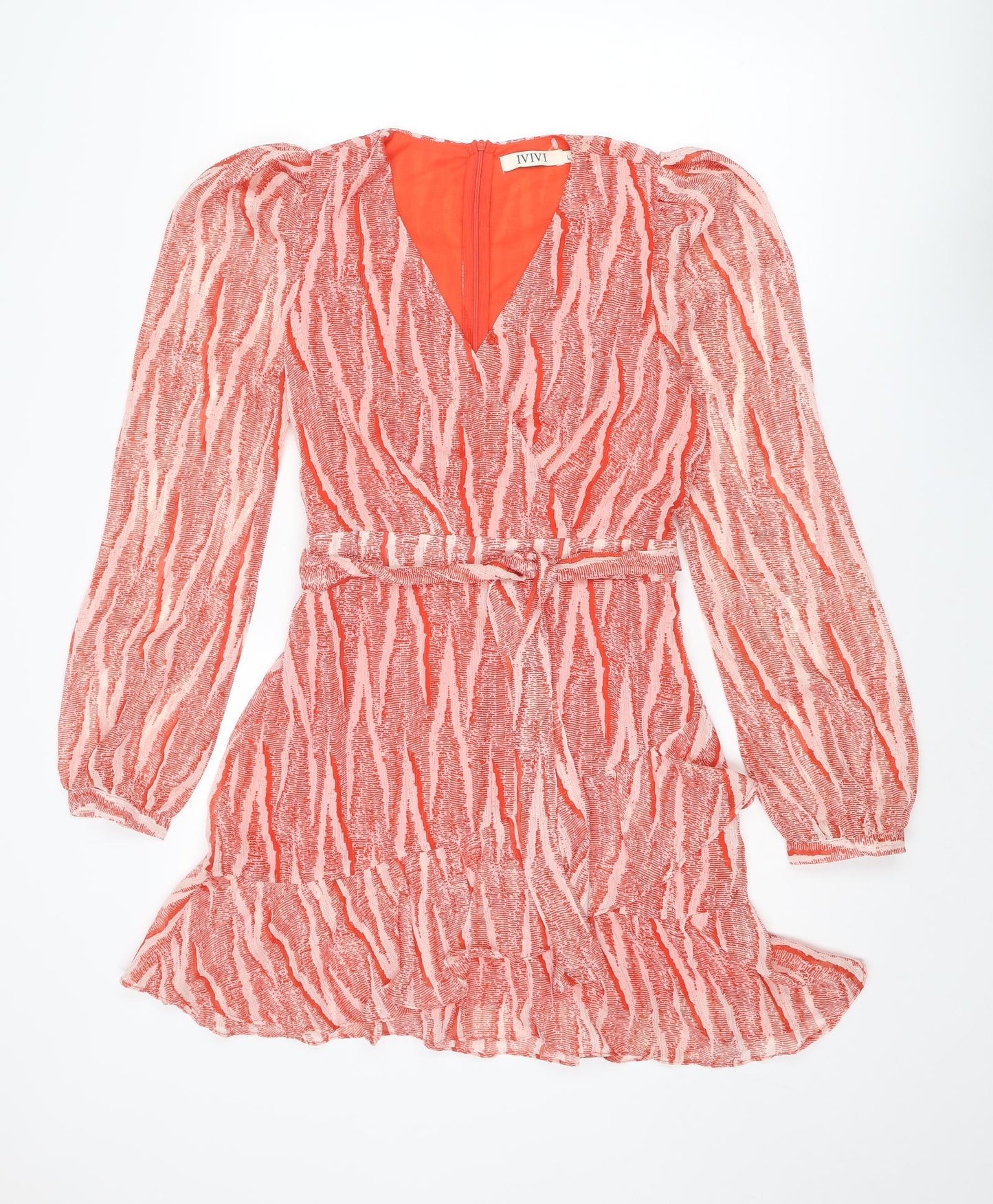 IVIVI Womens Red Geometric Polyester A-Line Size L V-Neck Zip