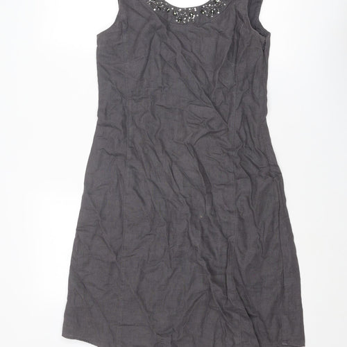 EAST Womens Grey Linen A-Line Size 8 Round Neck Zip