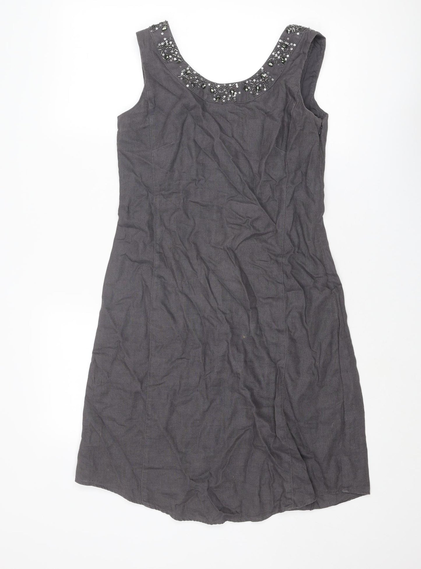 EAST Womens Grey Linen A-Line Size 8 Round Neck Zip