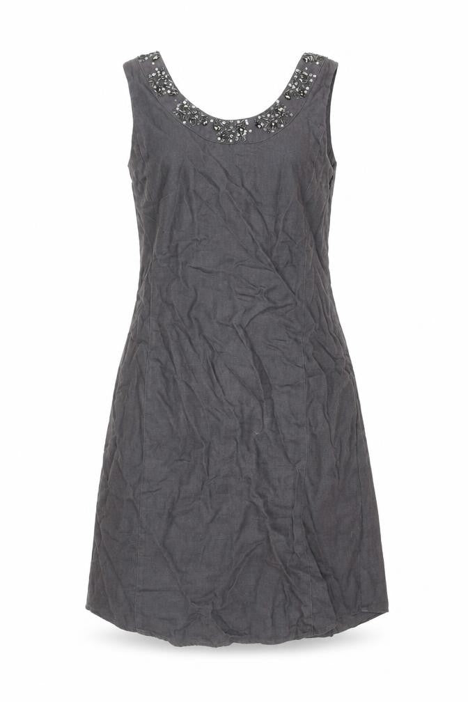 Front view of East women’s grey linen a-line, size UK 8, round neck zip