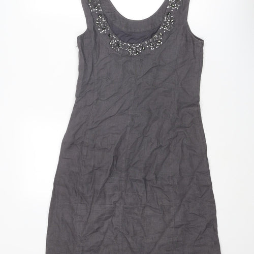 EAST Womens Grey Linen A-Line Size 8 Round Neck Zip
