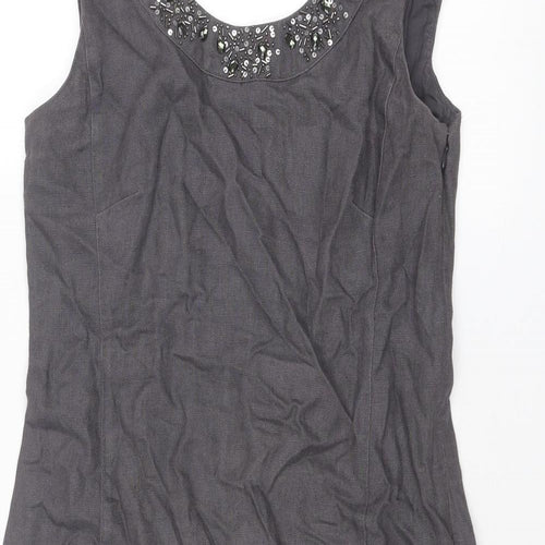 EAST Womens Grey Linen A-Line Size 8 Round Neck Zip
