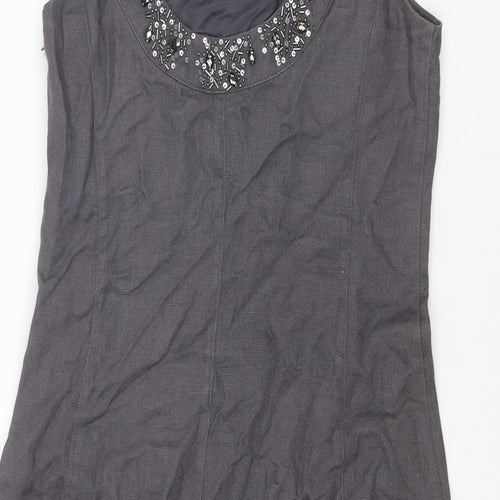 EAST Womens Grey Linen A-Line Size 8 Round Neck Zip
