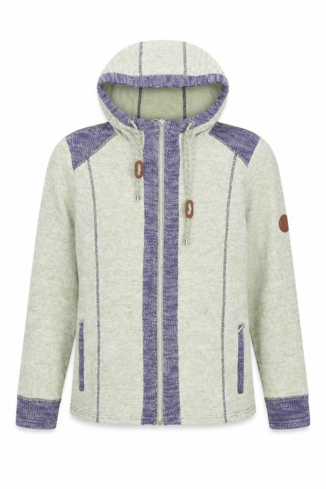 Front view of Collection L women’s green round neck polyester full zip jumper, size UK 16