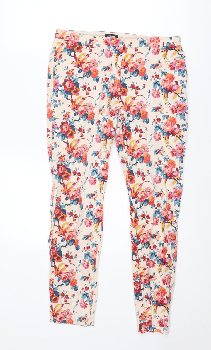 Oasis Womens Multicoloured Floral Cotton Chino Trousers Size 10 L26 in Regular Zip