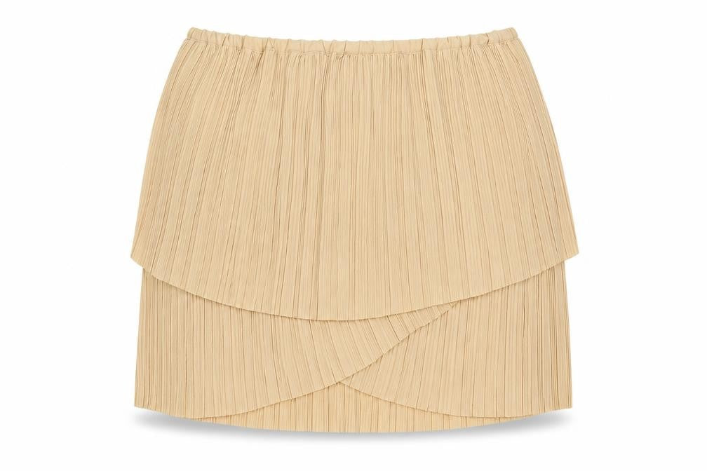 Front view of Buuns Bazaar women’s beige polyester pleated skirt, size UK 8
