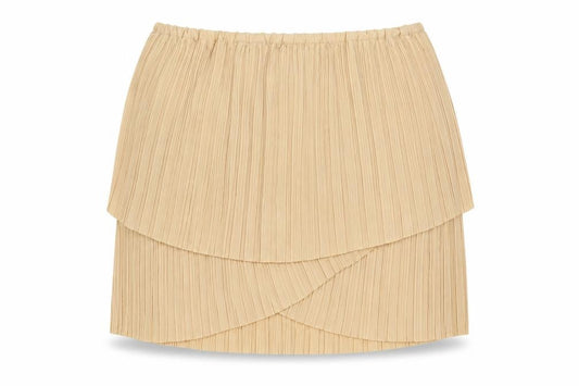 Front view of Buuns Bazaar women’s beige polyester pleated skirt, size UK 8