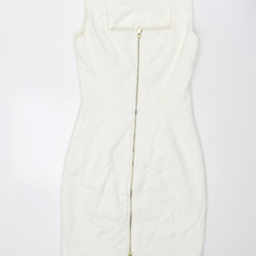 H&M Womens White Cotton Shift Size 8 Round Neck Zip