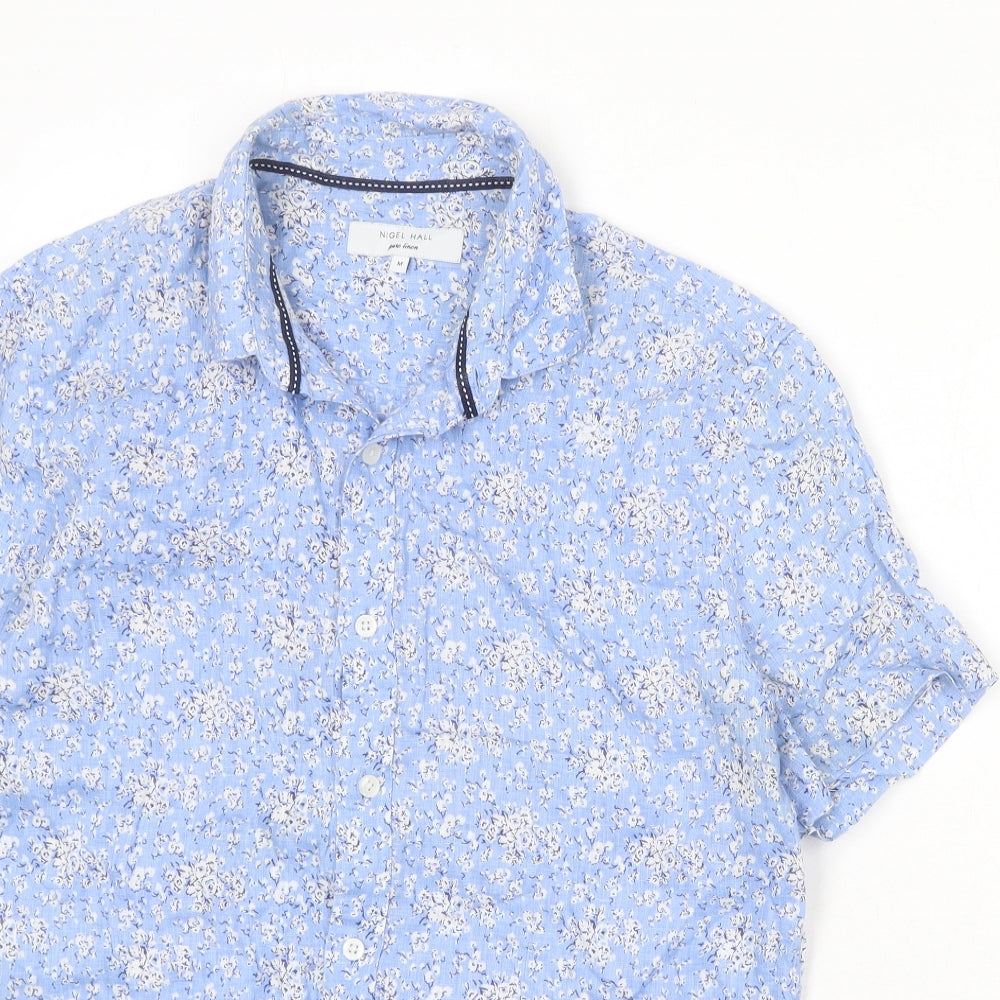Nigel Hall Womens Blue Floral Linen Basic Button-Up Size M Collared