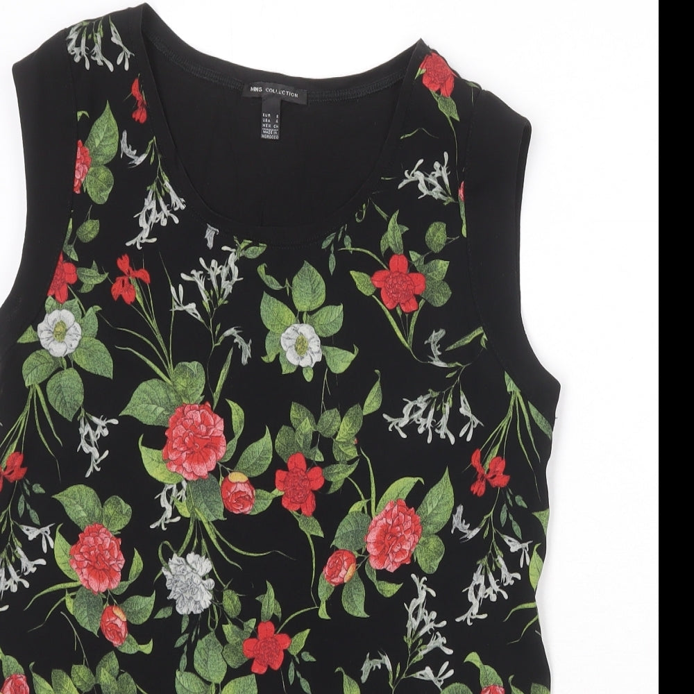 Mango Womens Black Floral Polyester Basic Tank Size 8 Scoop Neck