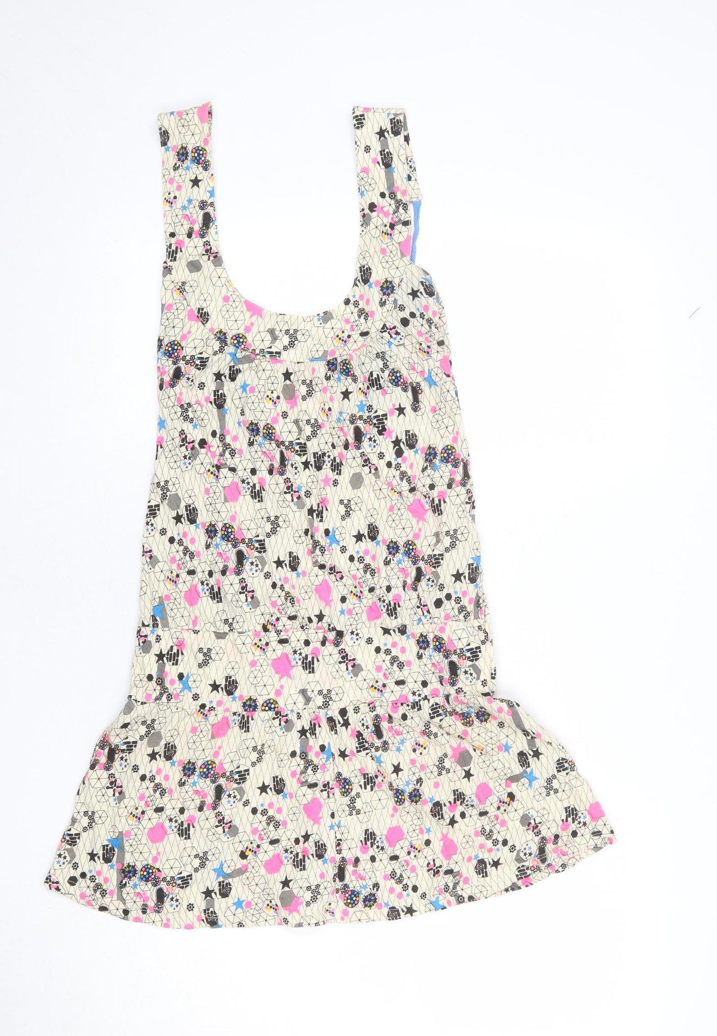 Miss Selfridge Womens Beige Geometric 100% Cotton Tank Dress Size 8 Scoop Neck Pullover