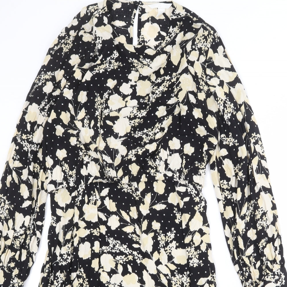 H&M Womens Black Floral Viscose A-Line Size M Round Neck Button