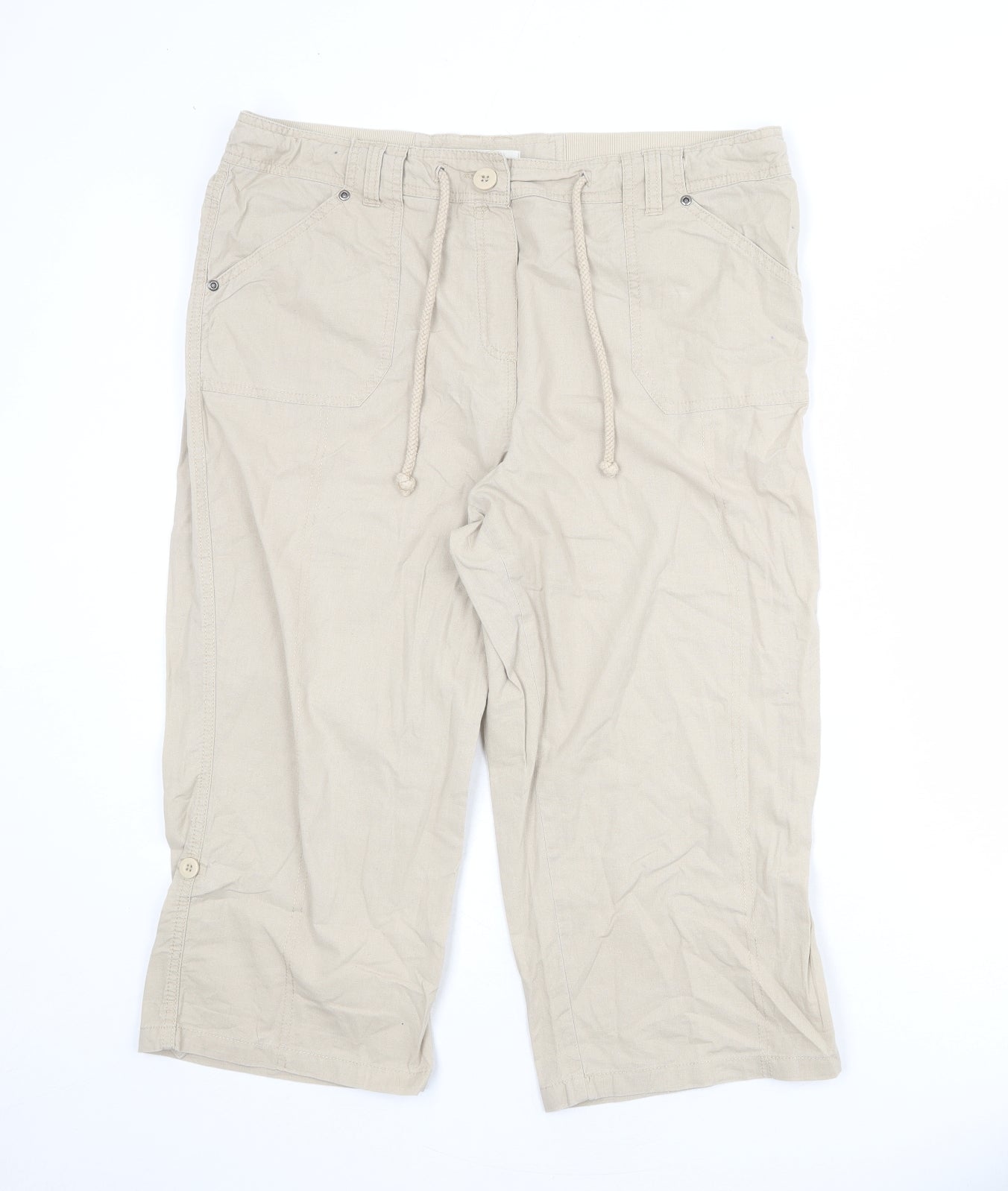 BHS Womens Beige Cotton Cropped Trousers Size 16 L20 in Regular Zip