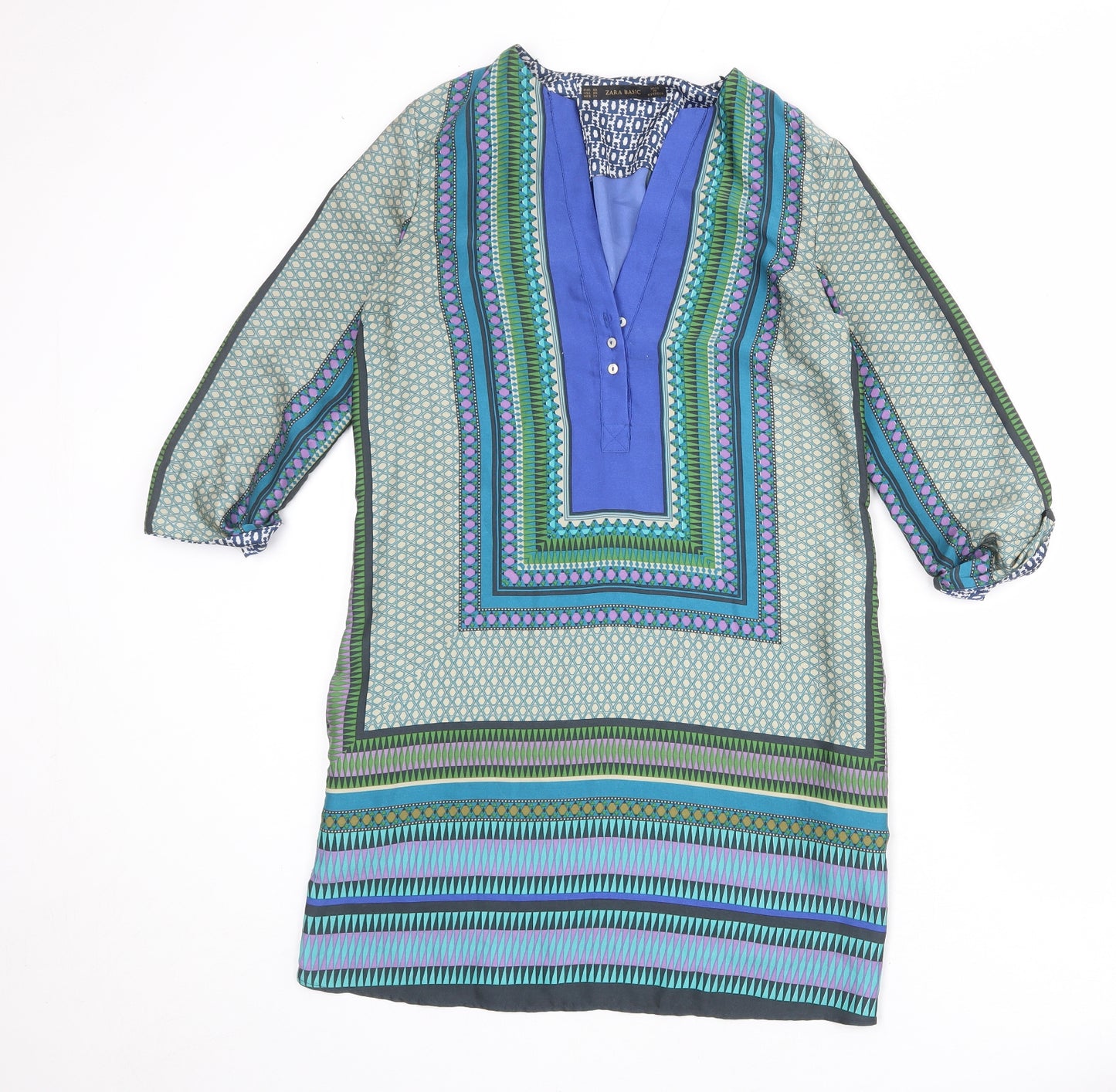 Zara Womens Multicoloured Geometric Polyester Shift Size S V-Neck Button