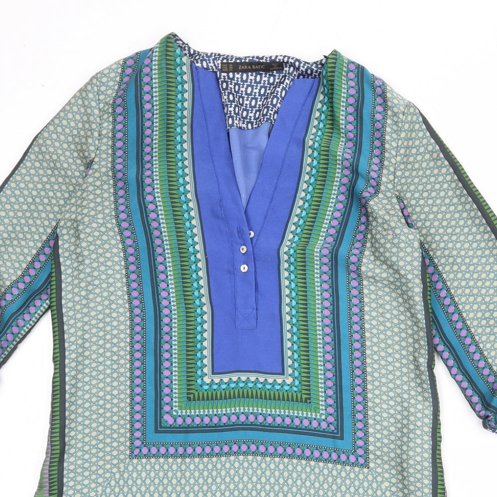 Zara Womens Multicoloured Geometric Polyester Shift Size S V-Neck Button