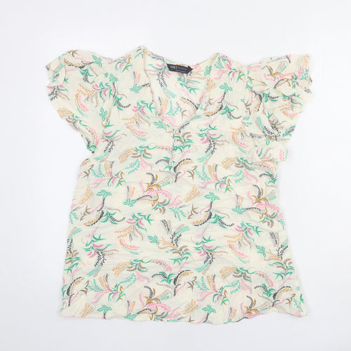 Marks and Spencer Womens Ivory Floral Viscose Basic T-Shirt Size 14 V-Neck