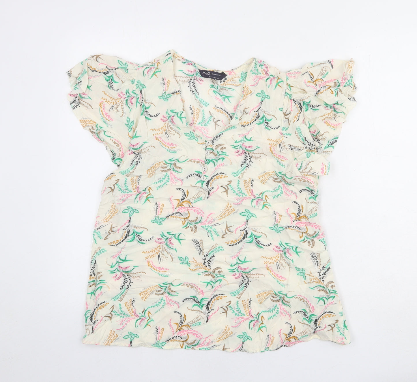 Marks and Spencer Womens Ivory Floral Viscose Basic T-Shirt Size 14 V-Neck