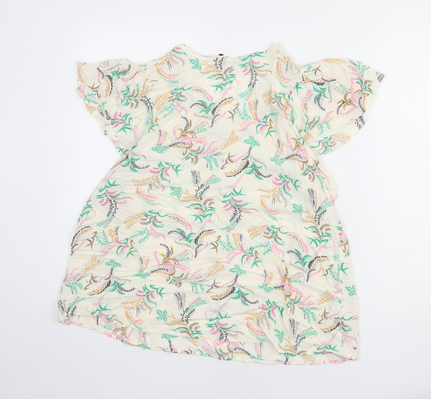 Marks and Spencer Womens Ivory Floral Viscose Basic T-Shirt Size 14 V-Neck