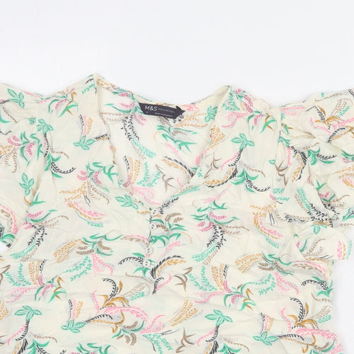 Marks and Spencer Womens Ivory Floral Viscose Basic T-Shirt Size 14 V-Neck