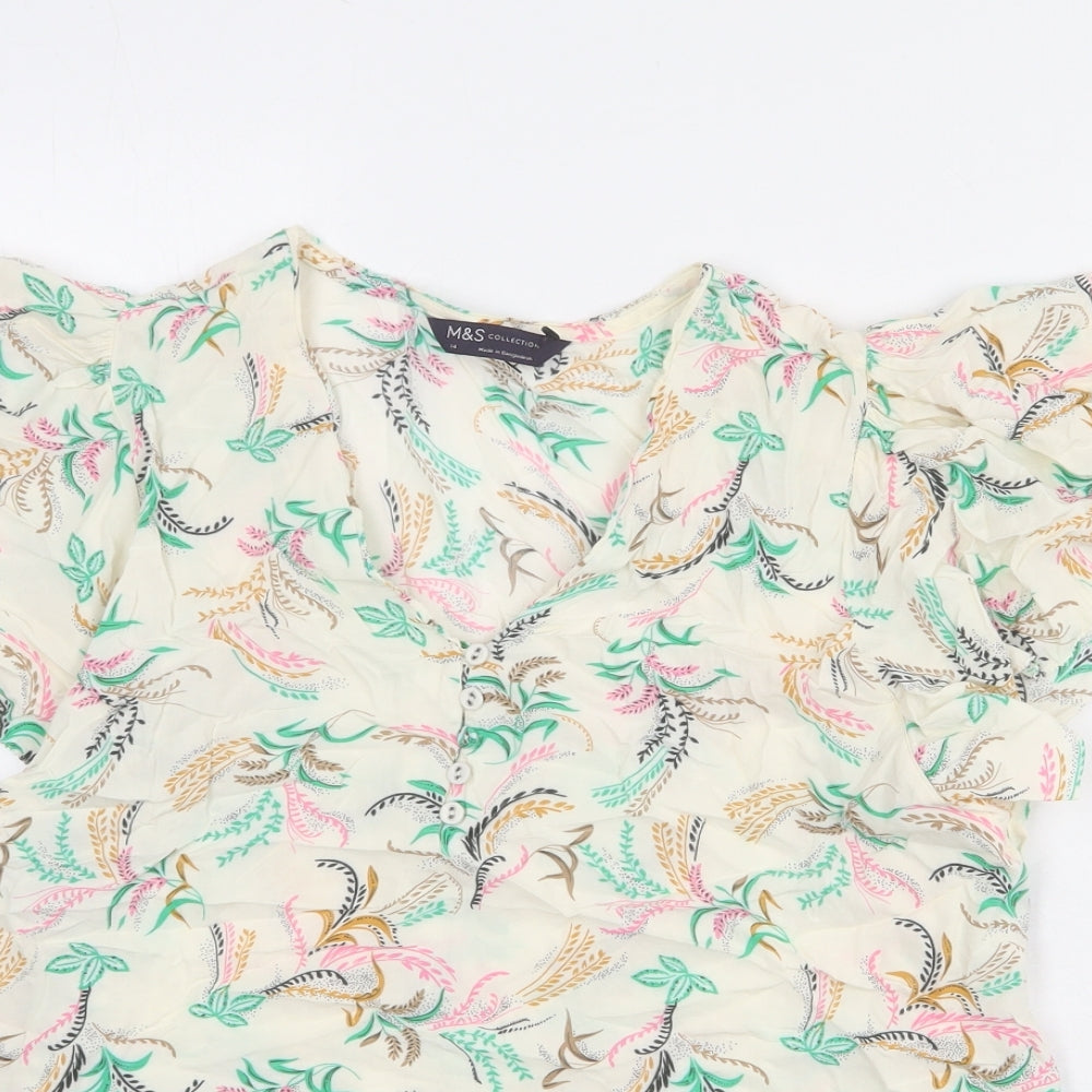 Marks and Spencer Womens Ivory Floral Viscose Basic T-Shirt Size 14 V-Neck