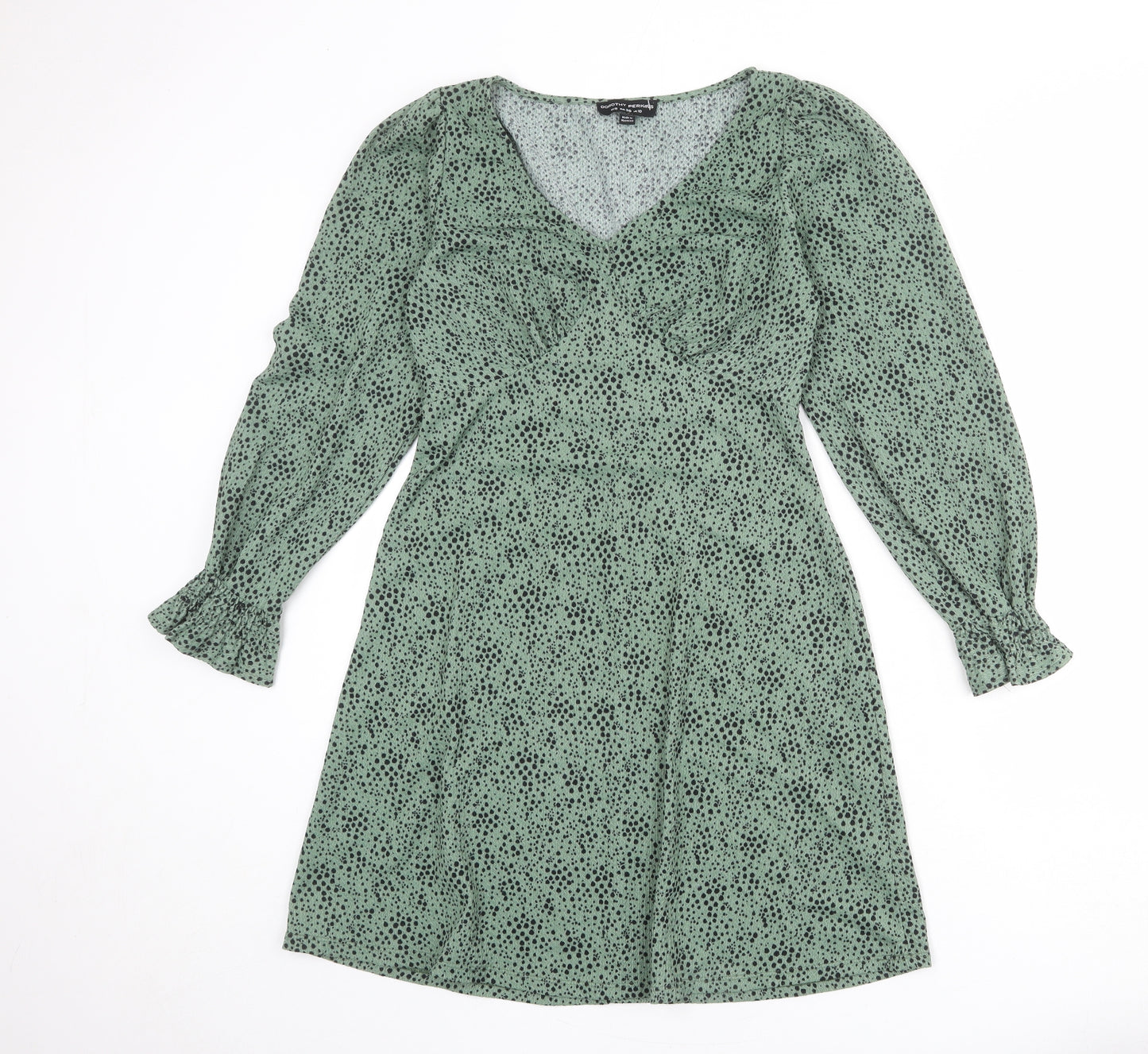 Dorothy Perkins Womens Green Animal Print Polyester Fit & Flare Size 10 V-Neck Pullover - Spotted