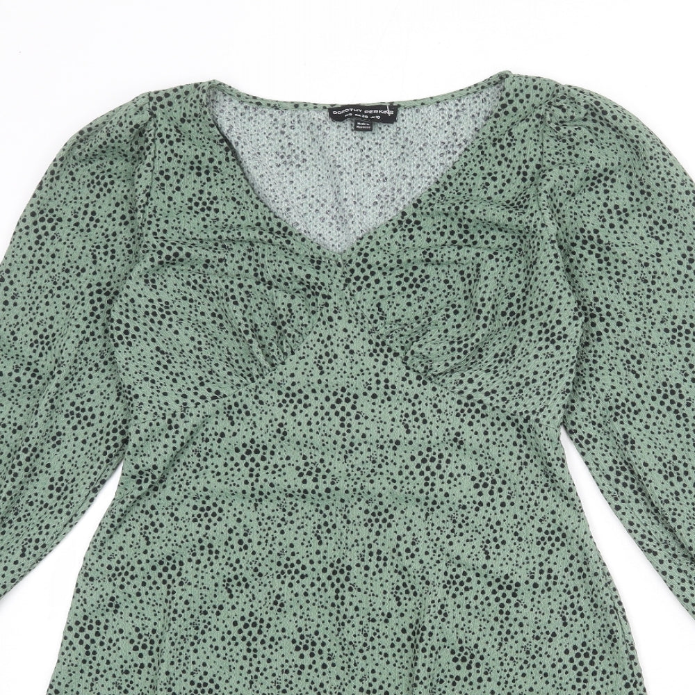 Dorothy Perkins Womens Green Animal Print Polyester Fit & Flare Size 10 V-Neck Pullover - Spotted