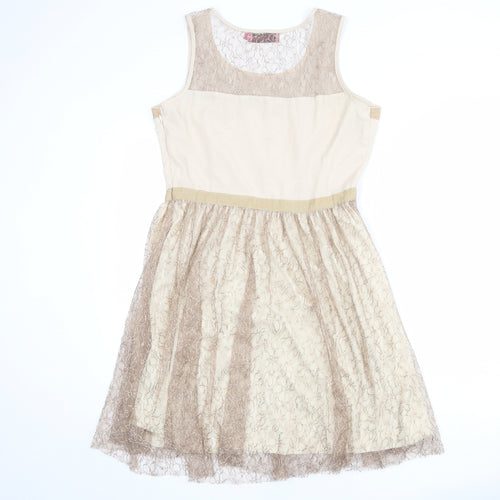 Boohoo Womens Beige Polyester Fit & Flare Size 14 Boat Neck Pullover - Lace Overlay