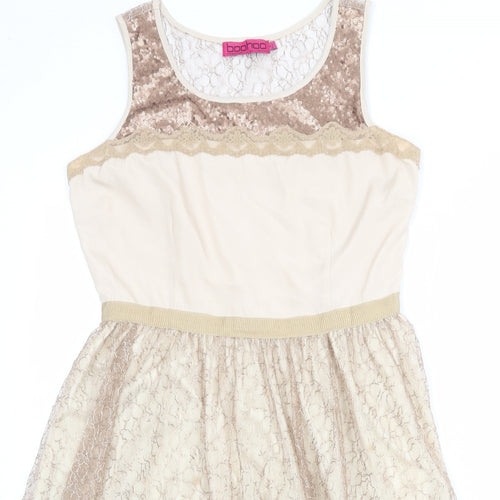 Boohoo Womens Beige Polyester Fit & Flare Size 14 Boat Neck Pullover - Lace Overlay