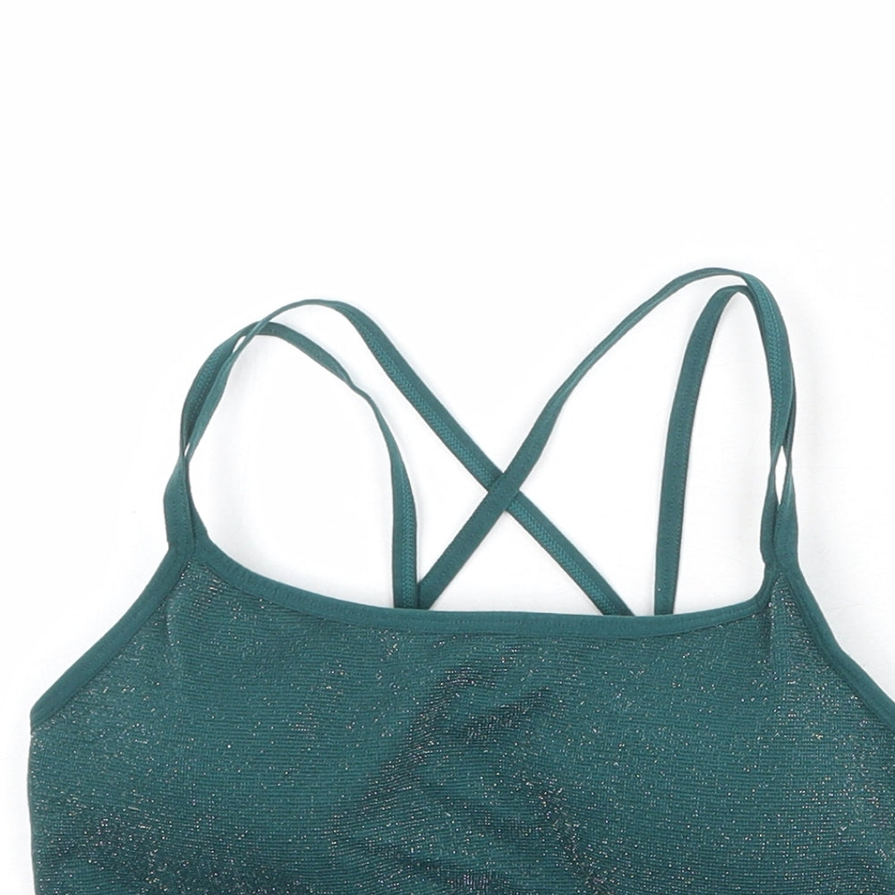 South Beach Womens Green Geometric Nylon Cropped Tank Size M Square Neck Pullover - Size M-L, Sports Bra